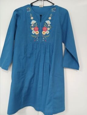 New Women Cotton Blue Embroidery Floral Tunic Top Kurta Dress 32 Inch Size M
